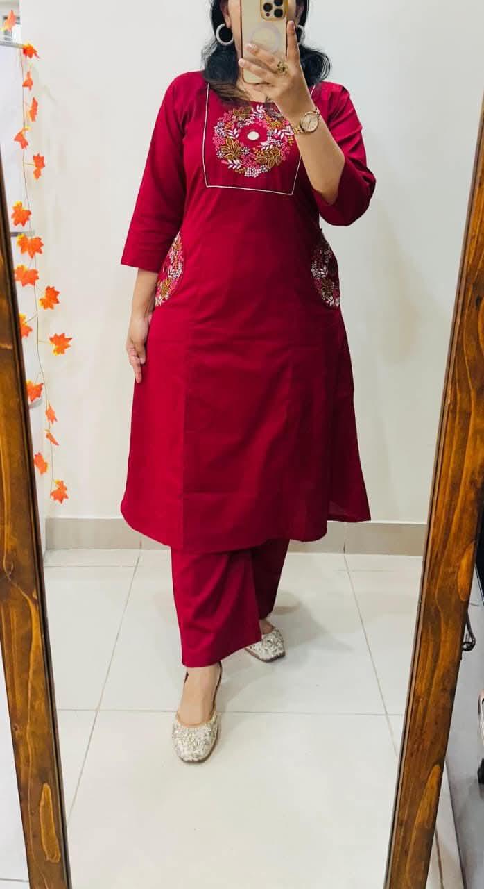 Wine Red Embroidered Kurta Set with Straight Pants