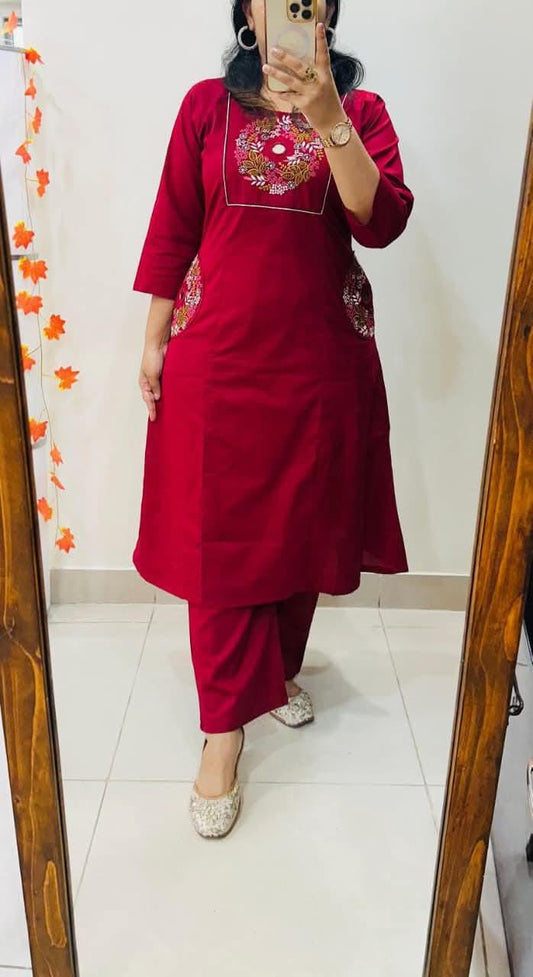 Wine Red Embroidered Kurta Set with Straight Pants