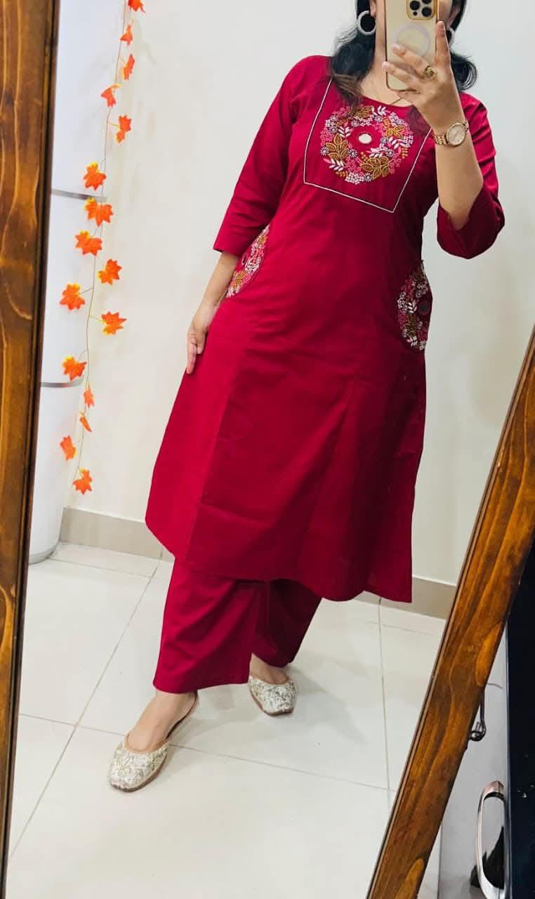 Wine Red Embroidered Kurta Set with Straight Pants