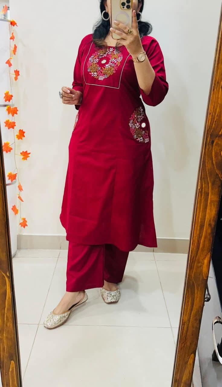 Wine Red Embroidered Kurta Set with Straight Pants
